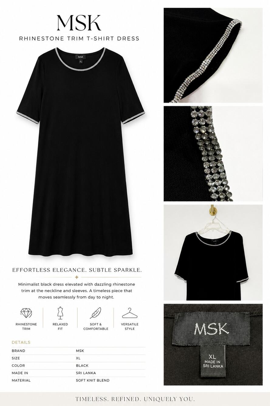 MSK Black short sleeves dress XL With Rhinestone Trimmed - Picture 1 of 10